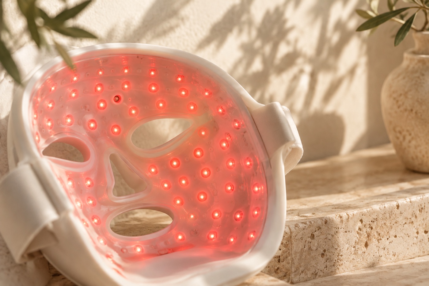 The inside of a white LED face mask with rows of red diodes glowing