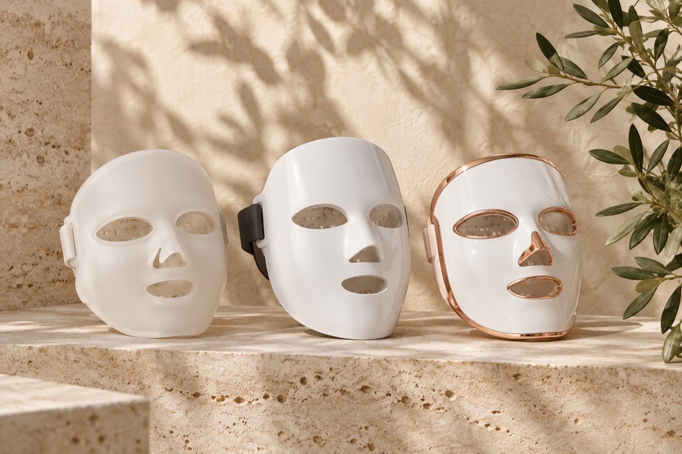 Three white LED face masks standing side by side on a travertine ledge